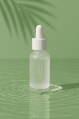 Mockup botol serum kaca transparan dengan pipet di latar belakang hijau.
