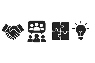 Virtual teamwork icons solid filled vector set with handshake, group chat, puzzle pieces, light bulb symbols for collaboration, communication, problem solving, innovation concepts