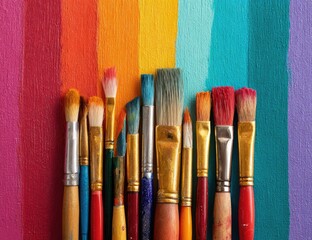 Paintbrushes of various sizes and colors arranged on a vibrant rainbow-striped canvas