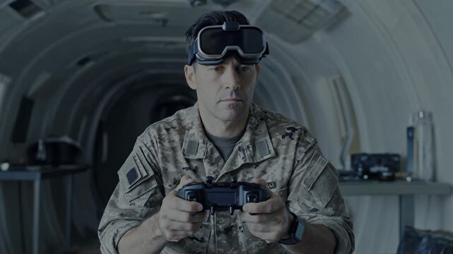 Military man in uniform appears reflective after drone operation, suggesting emotional strain. Concept of post-mission stress, mental health, duty.