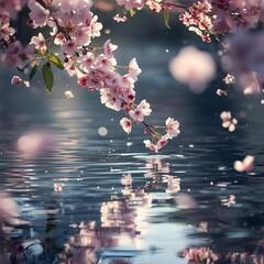 Scenic background with sakura petals drifting down onto the water.