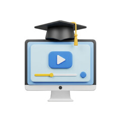 3d icon of 3d computer monitor with graduation cap and play button, isolated on transparent background