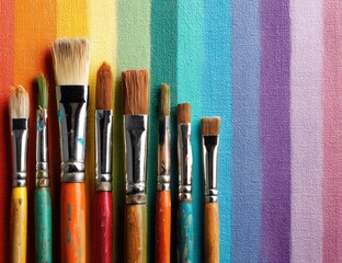 Paintbrushes of various sizes and colors resting on a rainbow-striped canvas