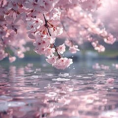 Scenic background with sakura petals drifting down onto the water.
