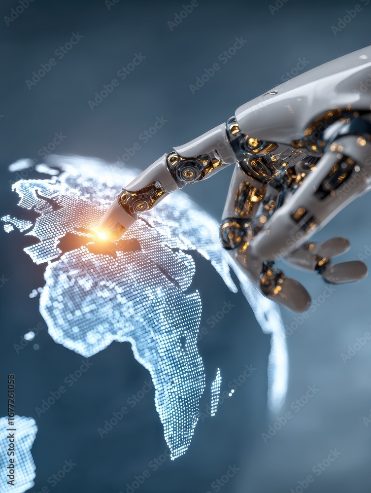 Poster android robot hand reaching toward a glowing holographic map of the world projected on a digital scr