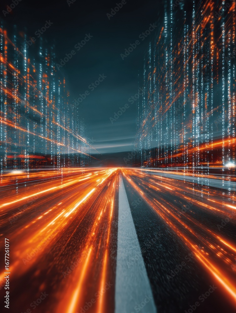 Poster digital data flow on road in concept of cyber global communication and coding with graphic creating 