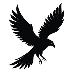 Fototapeta premium Black silhouette of an eagle with wings spread wide in flight on white background bird flying