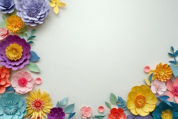 Colorful paper flowers arranged in a border around a white background