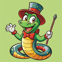 Fototapeta premium Funny snake character acting like a magician with a top hat and wand