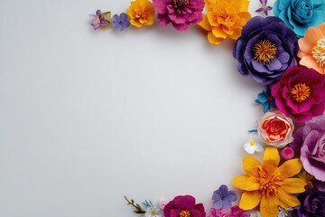 Colorful paper flowers arranged in a semi-circle border on a white background