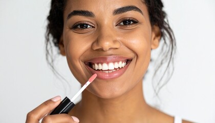 Obraz premium A smiling African American woman applies lip gloss to her lips, enhancing her natural beauty.