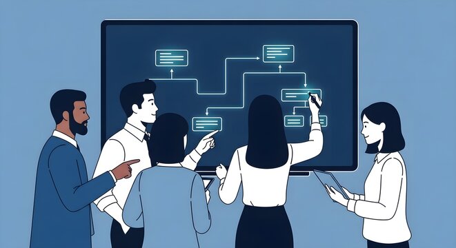 business team collaborating digital strategy whiteboard