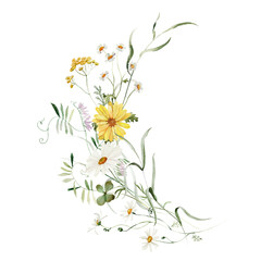 Bouquet. Watercolor colorful wildflower floral clipart - flower forest meadow green red pink herbs leaves. Wedding invitation, fashion, background, textile. Fern, shamroock, chamomile, ivy strawberry.