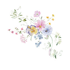 Bouquet. Watercolor colorful wildflower floral clipart - flower forest meadow green red pink herbs leaves. Wedding invitation, fashion, background, textile. Fern, shamroock, chamomile, ivy strawberry.