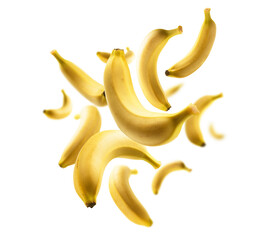 Yellow bananas levitate on a white background