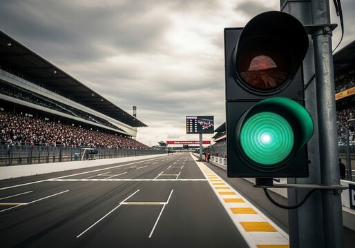 A close-up of a green traffic light at a professional racing circuit - Powered by Adobe