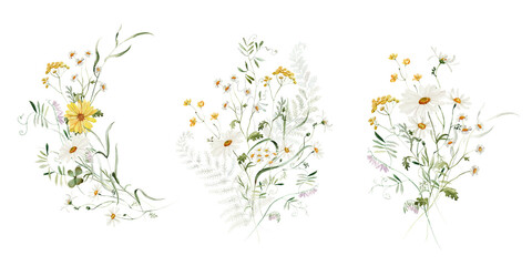 Bouquets Set. Watercolor colorful wildflower floral clipart - flower forest meadow green red herbs leaves. Wedding invitation, fashion, background, textile. Fern, shamroock, chamomile, ivy strawberry.