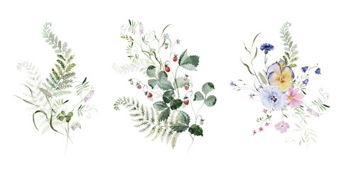 Bouquets Set. Watercolor colorful wildflower floral clipart - flower forest meadow green red herbs leaves. Wedding invitation, fashion, background, textile. Fern, shamroock, chamomile, ivy strawberry.