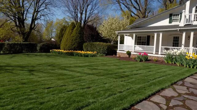 neatly maintained residential lawn and garden area during the spring season