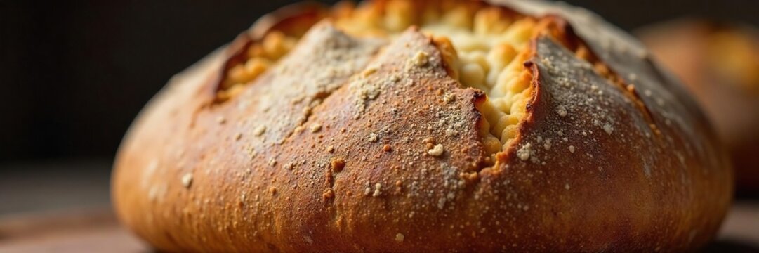 Close-up of a rustic sourdough loaf, crusty and golden-brown, seemingly fresh from the oven, evoking feelings of hunger and delicious baked goods , country, golden crust, meal
