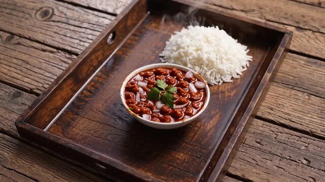 Rajma Masala flavorful Indian curry dish prepared with red kidney beans onions tomatoes and spices served with rice on wooden tray Rajma Masala is delicious gravy made by cooking red beans with onion