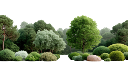 Scenic Garden Vista: A vibrant and tranquil landscape unfolds, revealing an array of lush, green bushes and trees meticulously arranged to create a harmonious garden.