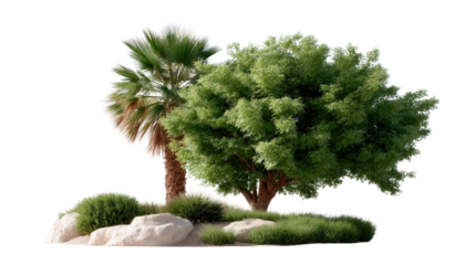 Tropical Oasis: Two different trees create a sense of calm in an oasis, surrounded by rocks and plants. Capturing the feeling of a tropical paradise and serenity.