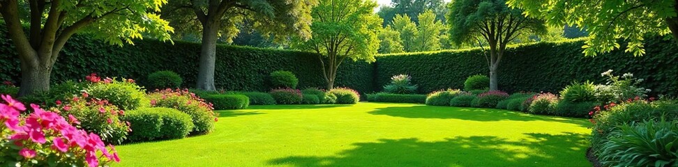 Fototapeta premium Serene backyard oasis featuring lush green lawn, vibrant flowerbeds, and mature trees creating a tranquil domestic landscape Ideal for relaxation and outdoor living , spring, landscaping, aesthetic