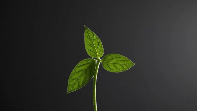 Young green bean plant seedling isolated against dark studio background