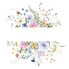 Frame. Watercolor colorful wildflower floral clipart - flower forest meadow green red yellow herbs leaves. Wedding invitation, fashion, background, textile. Fern, shamroock, chamomile, ivy strawberry.