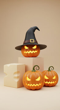 Halloween Jack o lanterns with Witch Hat on Beige Background pum