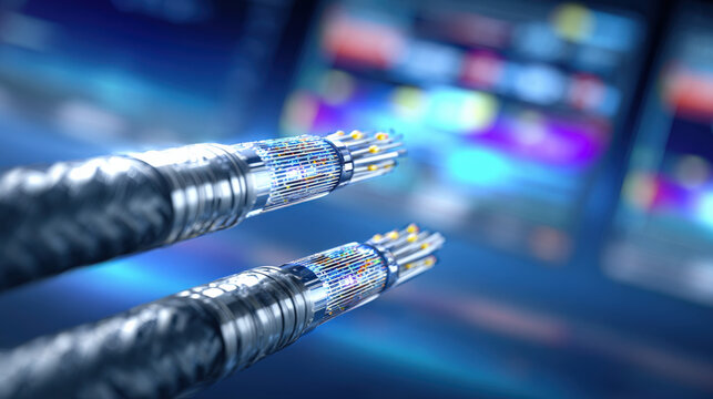 fiber optic cables glowing as configuration script runs on monitor in background cyber maintenance concept illustration concept scene visual for commercial design use high detail quality stock image