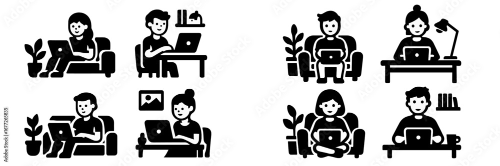 Poster people working remotely on laptops in various comfortable settings