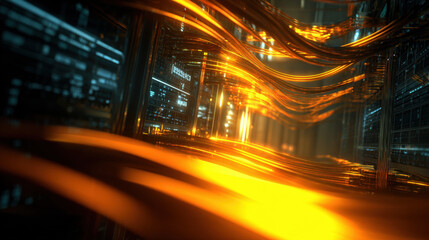 fiber optic cables glowing as configuration script runs on monitor in background cyber maintenance concept illustration concept scene visual for commercial design use high detail quality stock image