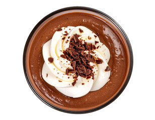Chocolate Mousse Cup with Whipped Cream and Chocolate Shavings, Top View, isolated