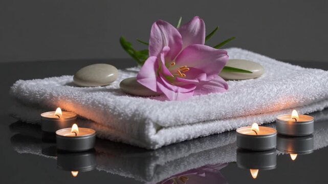 serene spa-like arrangement with gladiola flowers, white towel, candles, and white river stones with reflections for mental wellness