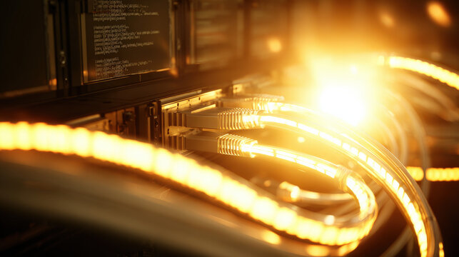 fiber optic cables glowing as configuration script runs on monitor in background cyber maintenance concept illustration concept scene visual for commercial design use high detail quality stock image - Powered by Adobe