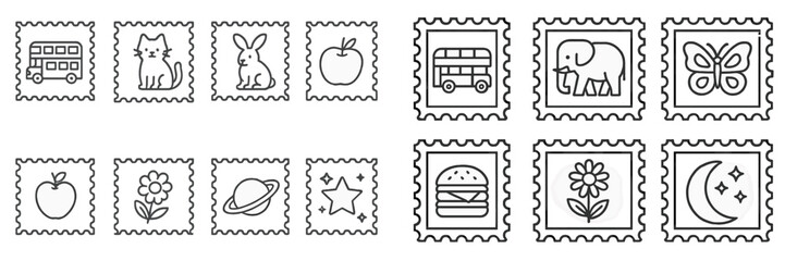 Obraz premium Collection of simple icons on postage stamps