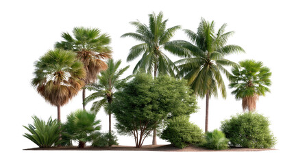 Fototapeta premium Tropical Oasis: A vibrant composition of diverse palm trees and lush tropical plants presents a vivid and immersive depiction of the tropics