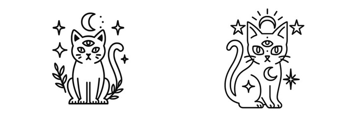 Naklejka premium Mystical Cat with Third Eye and Celestial Elements