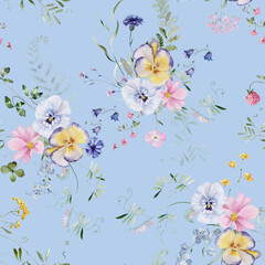 Seamless pattern. Watercolor colorful wildflower floral flower forest meadow clipart white green herbs red yellow leaves. Wedding, background, fashion, textile. Fern, shamroock, chamomile, poppy, ivy. © Veris Studio