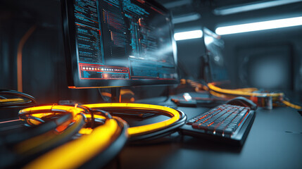 fiber optic cables glowing as configuration script runs on monitor in background cyber maintenance concept illustration concept scene visual for commercial design use high detail quality stock image