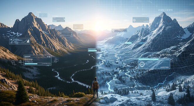 Futuristic digital map overlays vast mountain landscape