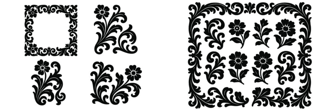 Black floral ornamental patterns and borders