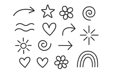 Collection of simple line art icons on gray background