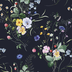 Seamless pattern. Watercolor colorful wildflower floral flower forest meadow clipart white green herbs red yellow leaves. Wedding, background, fashion, textile. Fern, shamroock, chamomile, poppy, ivy. © Veris Studio