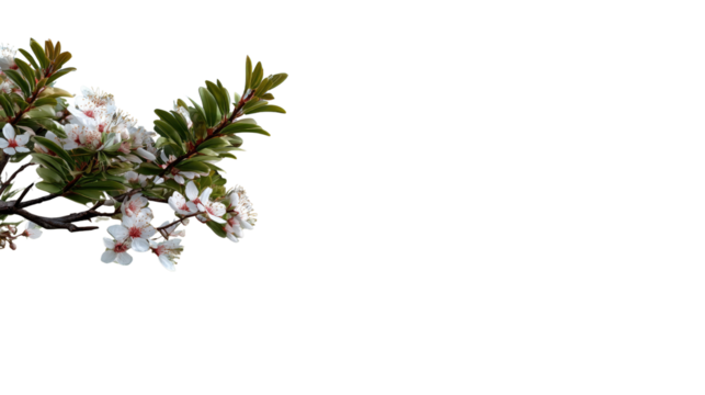 Blossom's Embrace: Delicate white blossoms and vibrant green leaves bloom on a branch against a clean backdrop, symbolizing renewal and the beauty of spring.