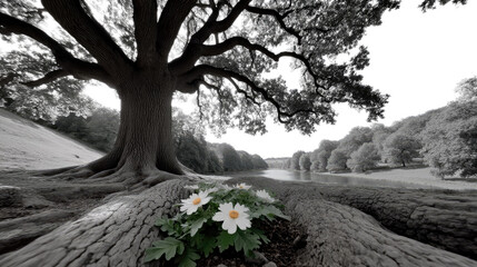Eternal Sentinel: A breathtaking black and white landscape painting unfolds, dominated by a majestic old tree with sprawling roots, blooming flowers.