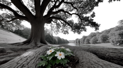 Eternal Sentinel: A breathtaking black and white landscape painting unfolds, dominated by a majestic old tree with sprawling roots, blooming flowers.
