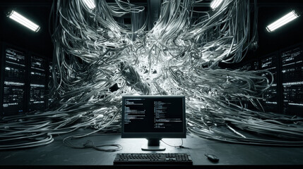 fiber optic cables glowing as configuration script runs on monitor in background cyber maintenance concept illustration concept scene visual for commercial design use high detail quality stock image